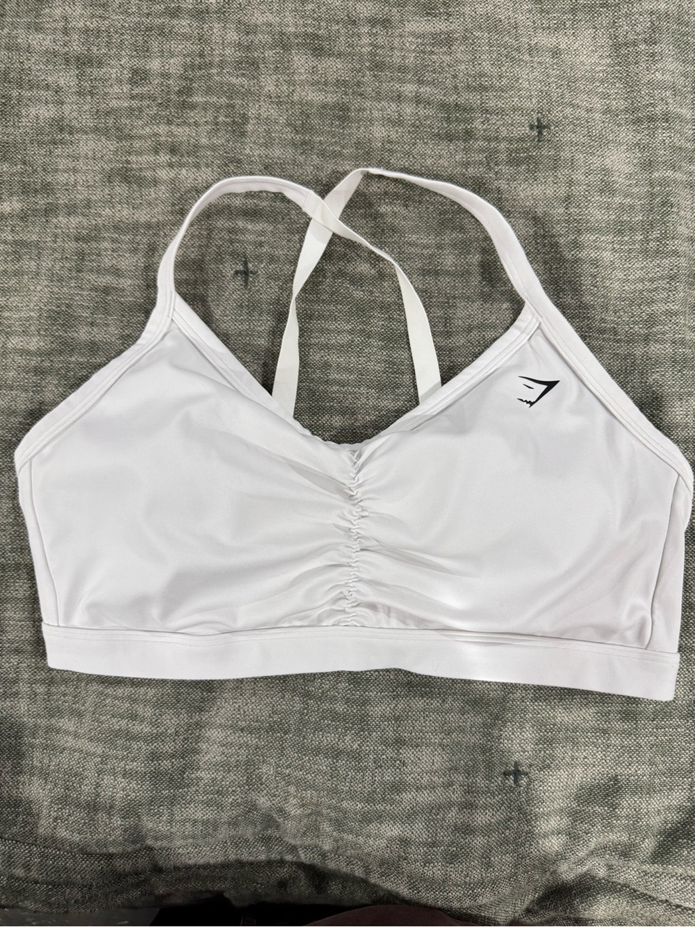 Gymshark White Ruched V‑Back Sports Bra